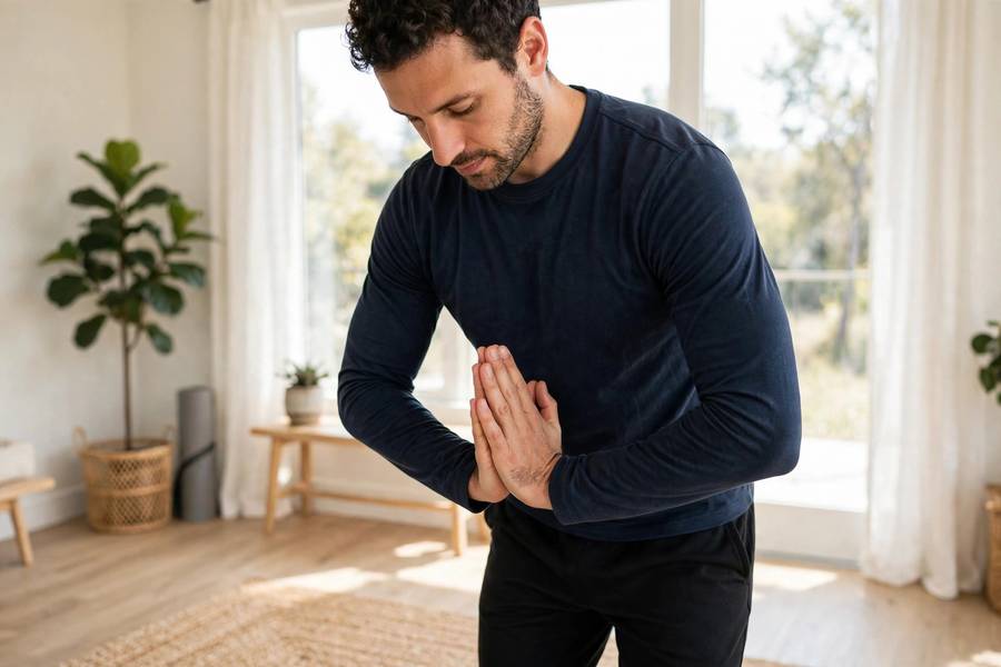 Person doing prayer stretch for wrists before handstand practice