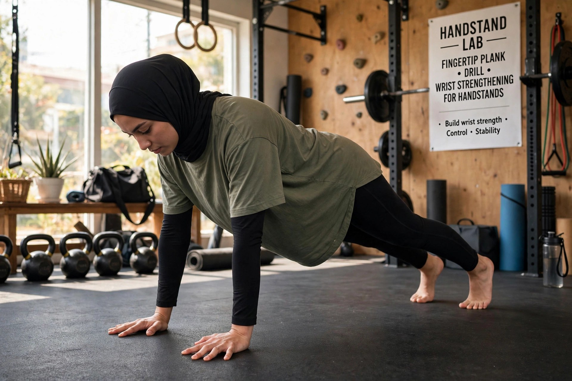 Athlete doing fingertip plank to strengthen wrists for handstands