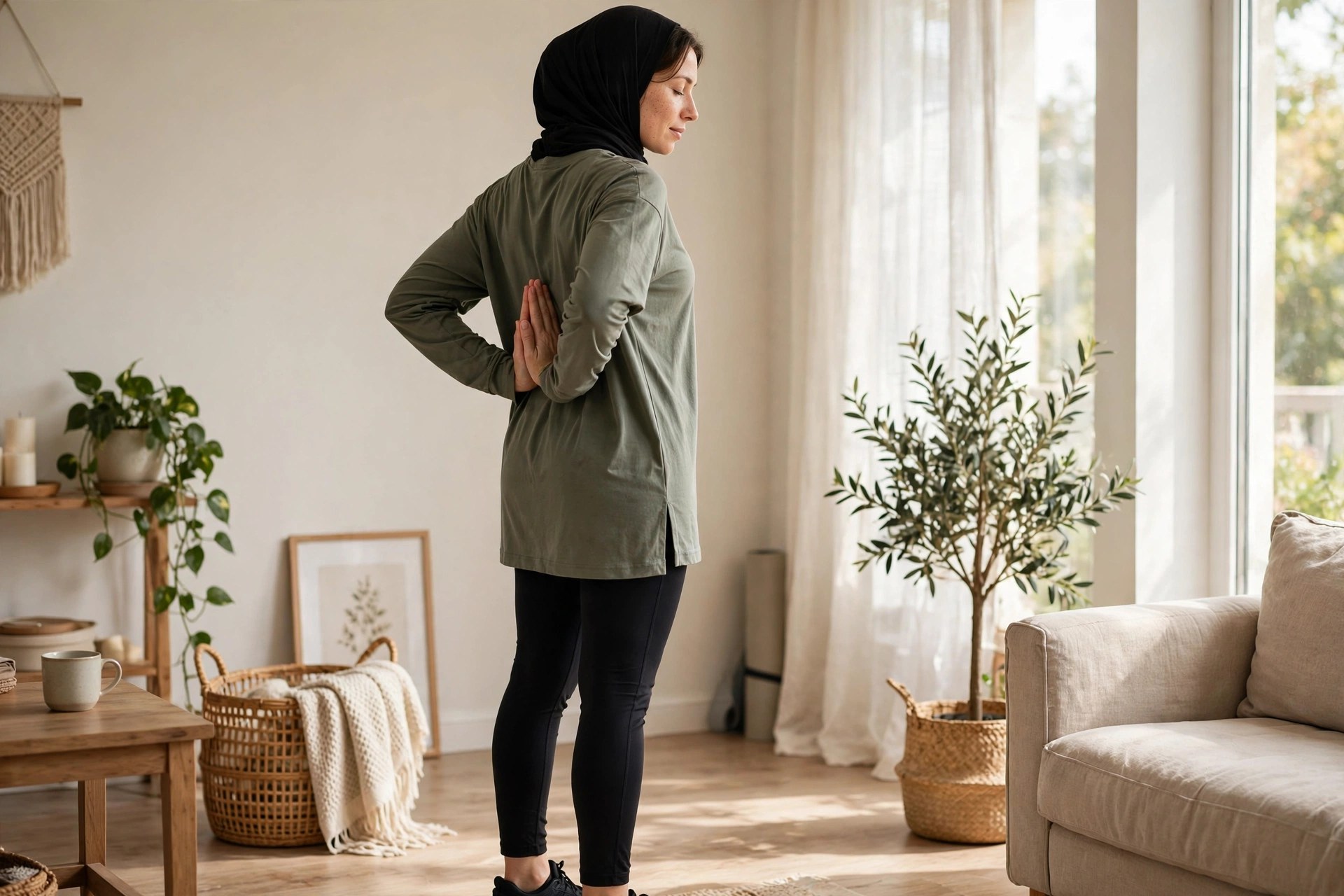 Woman doing reverse prayer wrist stretch at home