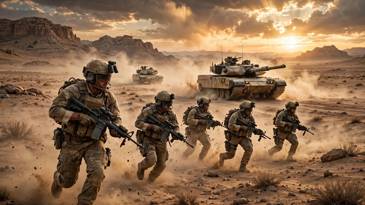 Screenshot-style artwork of a Battlefield 6 desert battlefield scene