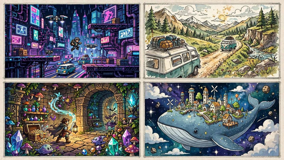 Collage-style image of diverse indie game art styles